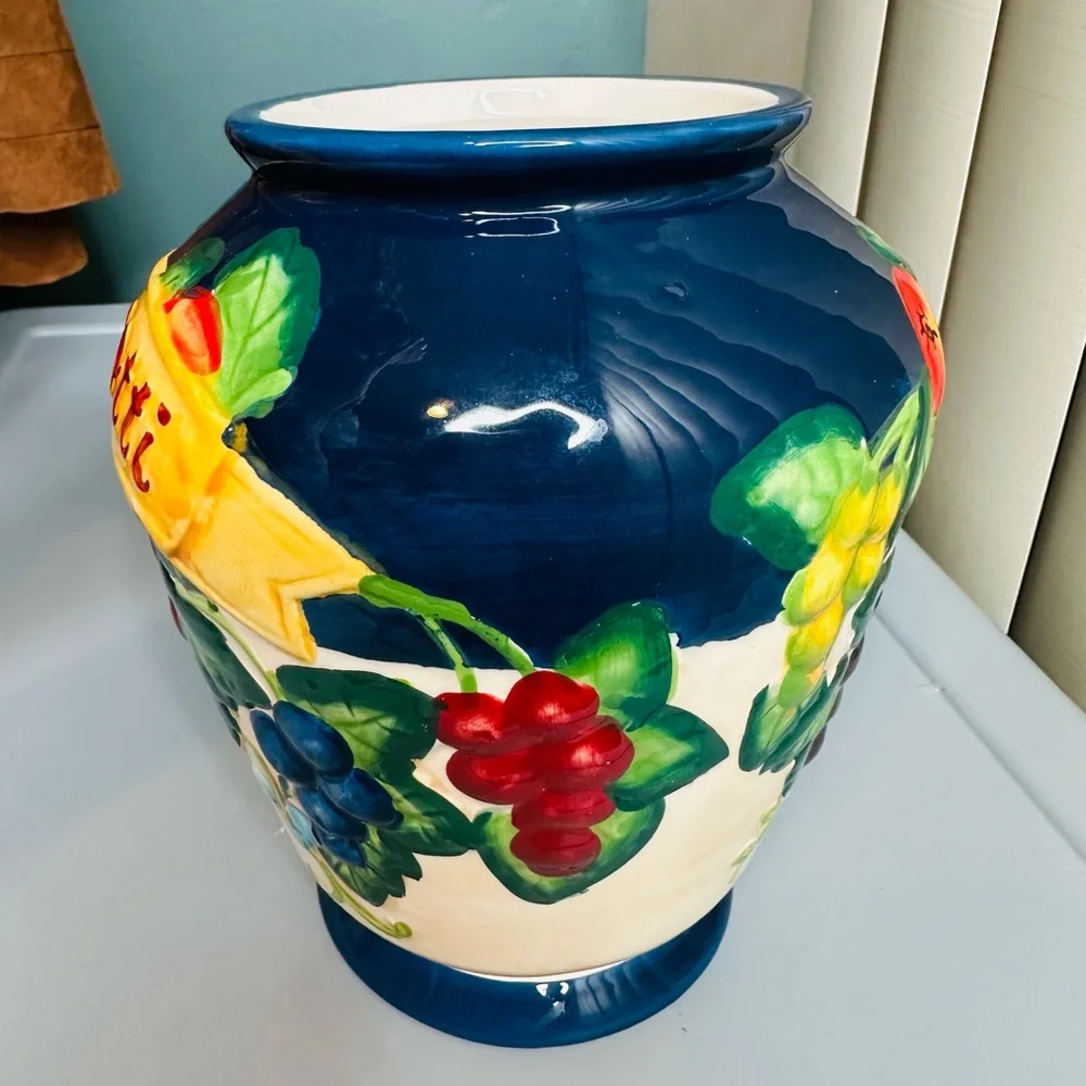 Vintage Nonnis Biscotti Cookie Jar Blue Hand Painted Tuscany Fruit flower Vase